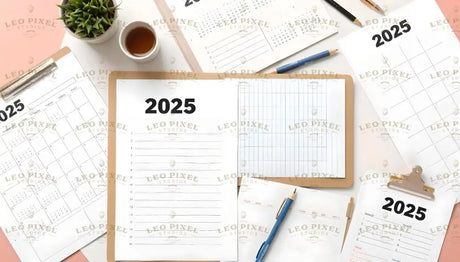 A collection of 2025 planners, calendars, and lined sheets are arranged on a wooden and white surface. A clipboard holds a neatly printed schedule. Blue and beige pens rest beside the pages. A cup of tea sits near a small green plant in a white pot. The soft lighting enhances the clean, organized aesthetic. The elements are arranged in a balanced, modern composition with a minimalist touch. Ai generated. Photography style.