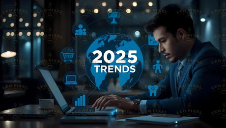 A man in a blue suit works on a laptop in a dimly lit office with modern decor. A glowing digital overlay displays "2025 Trends" with a blue globe surrounded by icons representing various industries such as technology, healthcare, and commerce. Soft, warm lights in the background add depth, while a cup and notepad rest on the wooden desk, completing the focused atmosphere. Ai generated. Photography style.