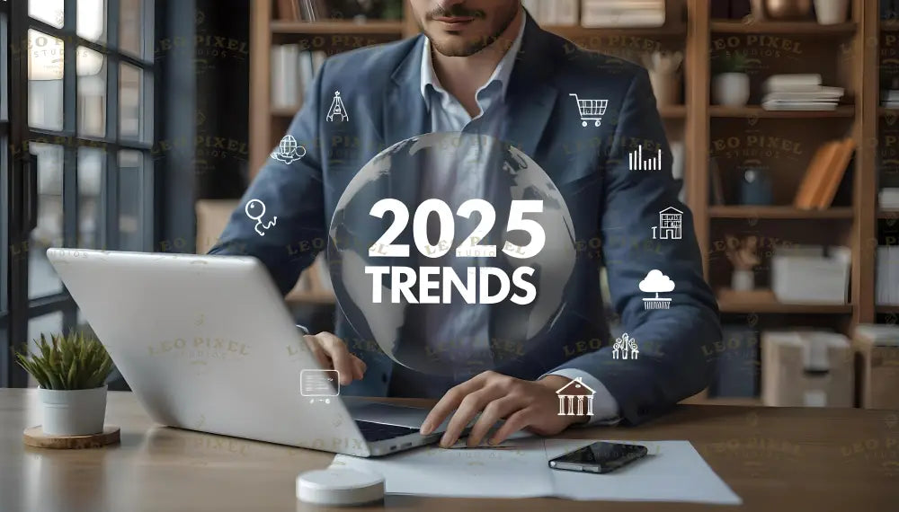 A man in a dark suit types on a laptop at a desk in a modern office with a bookshelf behind him. The overlay displays "2025 Trends" inside a globe, surrounded by icons like a shopping cart, bar graph, cloud, and house, symbolizing various topics. A small plant in a white pot and a smartphone rest on the desk, creating a clean, professional workspace. Ai generated. Photography style.