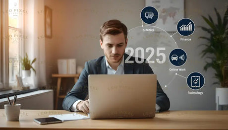 A young man in a dark suit concentrates on his laptop in a well-lit office with natural light streaming through large windows. The text "2025" appears alongside circular icons labeled "Finance," "Online Work," "Technology," and "Trends." The setting is modern, with a small plant on the desk, neatly placed pencils, a smartphone, and shelves with books and decor in the background. Ai generated. Photography style.