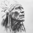 A detailed black and white drawing of an elderly person wearing a traditional feathered headdress. The face is turned slightly upward, with deep wrinkles and expressive features rendered in fine shading. Beaded ornaments hang from the hair, and the headdress features a patterned band with several large feathers.