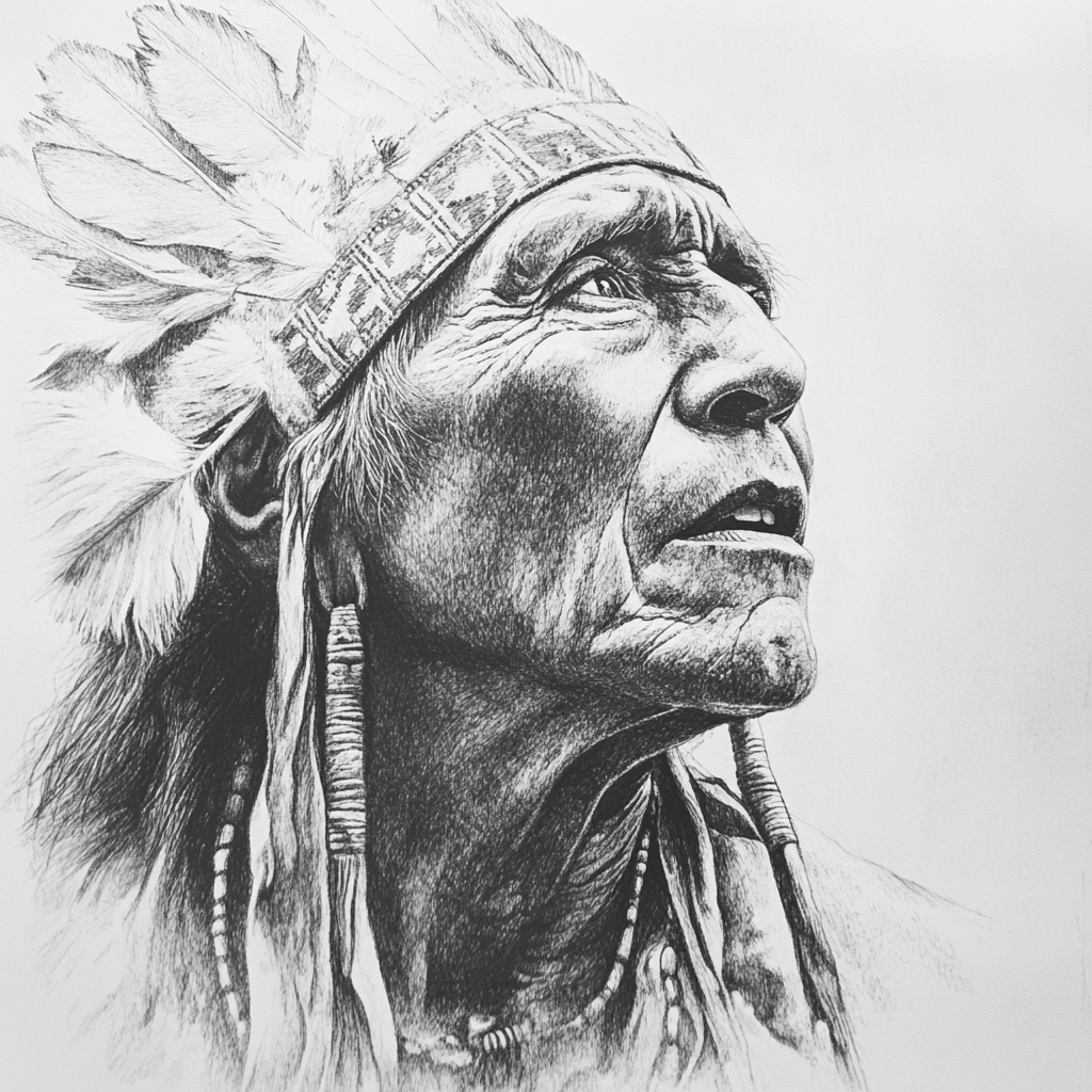 A detailed black and white drawing of an elderly person wearing a traditional feathered headdress. The face is turned slightly upward, with deep wrinkles and expressive features rendered in fine shading. Beaded ornaments hang from the hair, and the headdress features a patterned band with several large feathers.