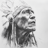 A detailed black and white drawing of an elderly person wearing a traditional feathered headdress. The face is turned slightly upward, with deep wrinkles and expressive features rendered in fine shading. Beaded ornaments hang from the hair, and the headdress features a patterned band with several large feathers.