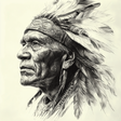 A monochrome drawing of an elderly Indigenous man in profile, adorned with a large feathered headdress and patterned headband. His face is deeply lined, showing age and expression. He wears traditional jewelry including beaded necklaces and long feather earrings. The fine penwork highlights texture in the feathers, skin, and hair against a soft, light background.