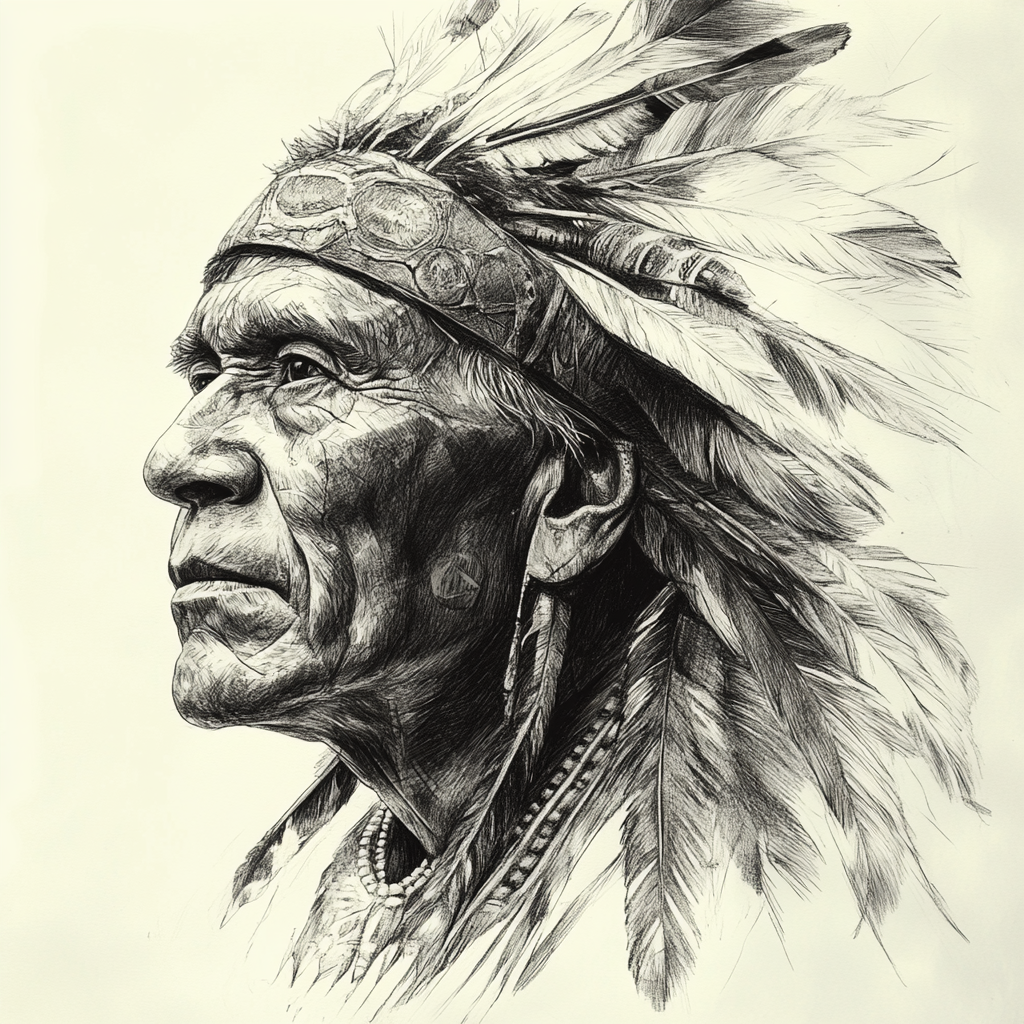 A monochrome drawing of an elderly Indigenous man in profile, adorned with a large feathered headdress and patterned headband. His face is deeply lined, showing age and expression. He wears traditional jewelry including beaded necklaces and long feather earrings. The fine penwork highlights texture in the feathers, skin, and hair against a soft, light background.