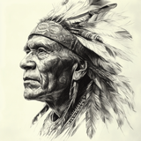 A monochrome drawing of an elderly Indigenous man in profile, adorned with a large feathered headdress and patterned headband. His face is deeply lined, showing age and expression. He wears traditional jewelry including beaded necklaces and long feather earrings. The fine penwork highlights texture in the feathers, skin, and hair against a soft, light background.