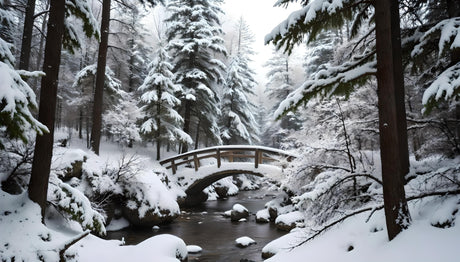 Fir tree forest covered in snow with a bridge covered in snow too and a river passing under. 