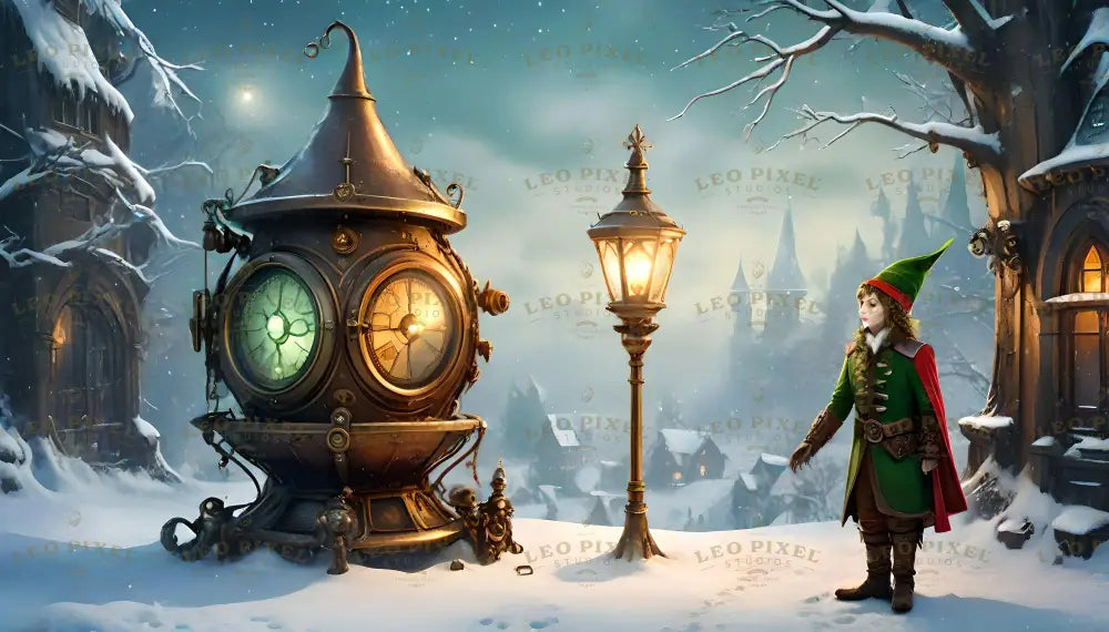 A steampunk elf stands in a snow-dusted fantasy world, clad in intricate gear-laden attire. Beside the elf, a glowing brass contraption hums with green and amber lights, while a lamppost casts a warm glow. Snowflakes fall gently, illuminating a path to a distant village, blending steampunk ingenuity with the magic of a serene winter night. Ai generated image. Digital art style.