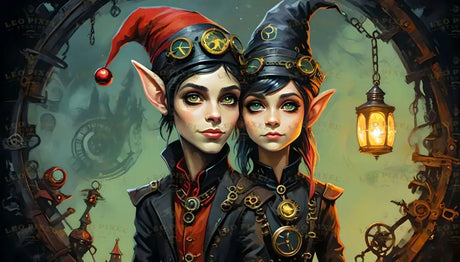 Two steampunk elves wearing detailed clockwork-inspired attire stand side by side against a backdrop of gears and machinery. One elf wears a red hat, the other a black hat, both with golden gear accents. Their vibrant green eyes and the warm glow of a lantern nearby add a magical yet industrial vibe, enhancing the whimsical steampunk aesthetic. Ai generated image. Digital art style.