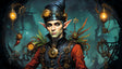 This captivating image portrays a steampunk elf adorned with intricate clockwork elements, glowing lanterns, and a distinctive pointed hat. Set against a mystical, dimly lit backdrop of gears and twisted branches, the character exudes an aura of mystery and innovation. The elf’s piercing gaze, complemented by an elaborate ensemble of mechanical designs, invites viewers into a world of fantastical creativity. Ai generated image. Digital art style.