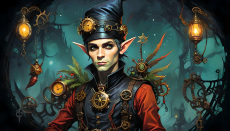 This captivating image portrays a steampunk elf adorned with intricate clockwork elements, glowing lanterns, and a distinctive pointed hat. Set against a mystical, dimly lit backdrop of gears and twisted branches, the character exudes an aura of mystery and innovation. The elf’s piercing gaze, complemented by an elaborate ensemble of mechanical designs, invites viewers into a world of fantastical creativity. Ai generated image. Digital art style.