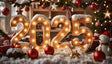 A warm, festive setup welcomes 2025 with glowing marquee numbers dusted in snow, surrounded by vibrant holiday decorations. Red ornaments, golden stars, and a cheerful snowman add charm to the scene, set against a background of twinkling lights and wrapped gifts. This image captures the spirit of joy, anticipation, and holiday warmth, perfect for New Year celebrations. Ai generated image. 