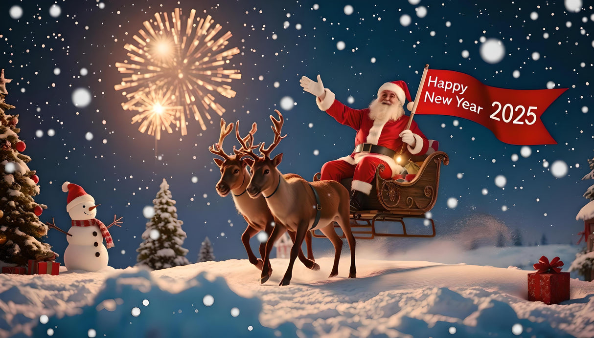 Santa Claus rides his sleigh, pulled by two reindeer, under a snowy night sky illuminated by golden fireworks. Holding a "Happy New Year 2025" banner, he spreads joy and cheer. A festive snowman stands beside a decorated Christmas tree, surrounded by gifts, completing the magical winter scene. Snow gently falls, enhancing the enchanting holiday atmosphere, as the image captures the excitement of a new year filled with wonder and celebration. Ai generated image.