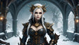 In a snow-covered gothic sanctuary, a regal elven queen commands attention. Her silver hair is braided and crowned with an intricate, spiked diadem. Dressed in elaborate armor adorned with golden gears and sigils, she emanates authority and mystique. The arched stone backdrop and frosty setting enhance her commanding presence in this ethereal, wintry realm. Ai generated image.