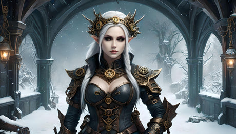 In a snow-covered gothic sanctuary, a regal elven queen commands attention. Her silver hair is braided and crowned with an intricate, spiked diadem. Dressed in elaborate armor adorned with golden gears and sigils, she emanates authority and mystique. The arched stone backdrop and frosty setting enhance her commanding presence in this ethereal, wintry realm. Ai generated image.