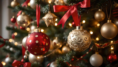 A beautifully decorated Christmas tree featuring elegant red and gold ornaments adorned with ribbons and intricate patterns. The festive glow of warm lights enhances the vibrant details, from polka-dotted designs to swirling embellishments on each ornament. A perfect display of holiday cheer and sophisticated seasonal décor. Ai generated image.
