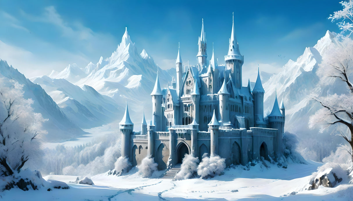 Nestled among majestic snowy peaks, this grand castle showcases an architectural marvel with its pointed towers and intricate design, glistening under a clear blue sky. Surrounded by pristine white landscapes and frosted trees, the fortress exudes serenity. A winding pathway leads to its imposing entrance, reflecting timeless elegance in a tranquil winter paradise. Ai generated image.