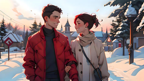 A cartoon-style image of a young couple walking arm-in-arm through a serene snow-covered village at sunset. The man, clad in a bright red jacket, gazes warmly at his partner, while she, wrapped in a cream coat and scarf, smiles back affectionately. Snow-laden trees, glowing streetlights, and charming rooftops frame the picturesque winter scene, adding warmth to the crisp, frosty air. Ai generated image. Cartoon style.