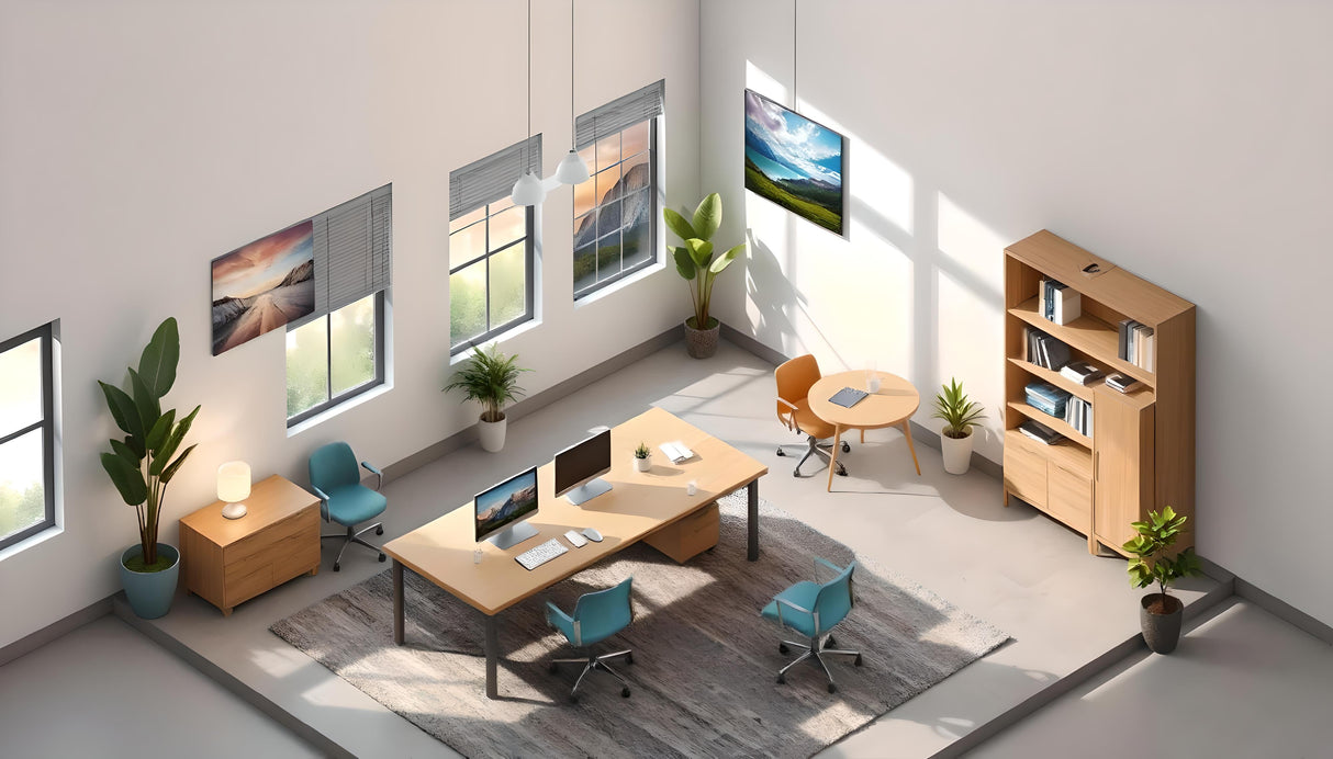 A well-lit isometric office featuring sleek desks, modern chairs, and vibrant green plants. Sunlight streams through tall windows, highlighting the minimalistic decor and wall-mounted landscape artwork. The cozy layout includes dual monitors, a small round table, and organized storage, fostering productivity and creativity in a refreshing environment. Ai generated image.