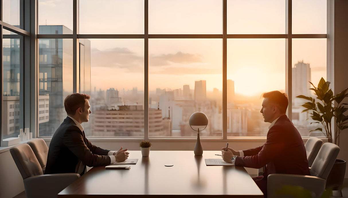 This image depicts two professionals engaged in a formal meeting across a sleek wooden table in a modern office. Floor-to-ceiling windows frame a stunning urban sunset, casting a warm glow over the room. A minimalist desk lamp and potted plants add balance to the contemporary design, creating a sophisticated and serene setting for productive conversation amidst the cityscape. Ai generated image.