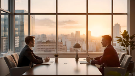 This image depicts two professionals engaged in a formal meeting across a sleek wooden table in a modern office. Floor-to-ceiling windows frame a stunning urban sunset, casting a warm glow over the room. A minimalist desk lamp and potted plants add balance to the contemporary design, creating a sophisticated and serene setting for productive conversation amidst the cityscape. Ai generated image.