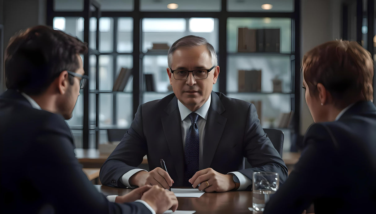 This image showcases a senior executive leading a focused discussion with two professionals in a modern office. The leader's composed demeanor is emphasized by the thoughtful expressions of the team. Framed by bookshelves and soft lighting, the setting reflects professionalism and collaboration, as well as the strategic atmosphere of high-level decision-making in a corporate environment. Ai generated image.
