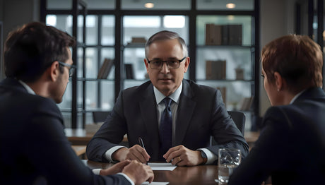 This image showcases a senior executive leading a focused discussion with two professionals in a modern office. The leader's composed demeanor is emphasized by the thoughtful expressions of the team. Framed by bookshelves and soft lighting, the setting reflects professionalism and collaboration, as well as the strategic atmosphere of high-level decision-making in a corporate environment. Ai generated image.