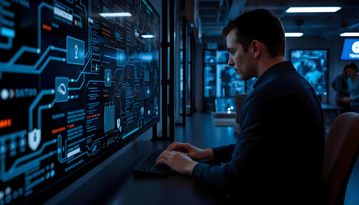 In a dimly lit control room, a focused analyst works at his keyboard, illuminated by the glow of intricate digital displays filled with complex data flows, diagrams, and security protocols. The blue-toned interface highlights critical information, reflecting the high-stakes environment of cybersecurity. In the background, colleagues engage in quiet collaboration. Ai generated. Photography style.