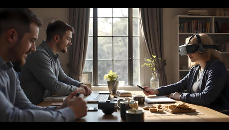 This image showcases a modern team collaboration where a woman wearing a VR headset interacts with two colleagues seated across a table. Natural light pours through large windows, illuminating a professional yet casual workspace. The setting, complete with coffee mugs and notebooks, blends technology and teamwork, highlighting innovation and engagement in a relaxed environment. Ai generated image.