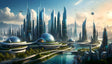 This digital artwork portrays a futuristic cityscape with sleek, glass-covered skyscrapers stretching toward the sky. Geodesic domes house lush greenery, blending nature with advanced architecture. Blue waterways wind through the city, connected by bridges, while aerial vehicles and distant mountains complete this harmonious vision of technological and environmental balance. Ai generated image.