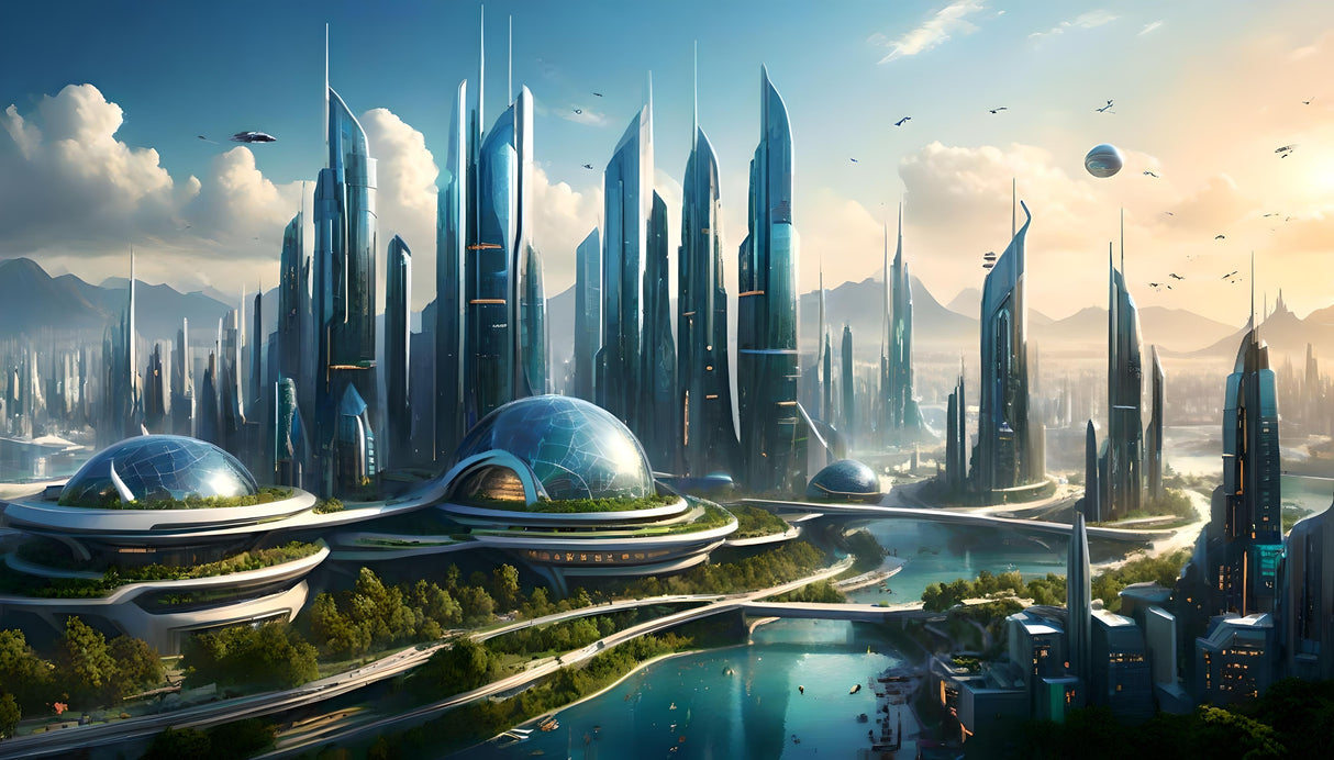 This digital artwork portrays a futuristic cityscape with sleek, glass-covered skyscrapers stretching toward the sky. Geodesic domes house lush greenery, blending nature with advanced architecture. Blue waterways wind through the city, connected by bridges, while aerial vehicles and distant mountains complete this harmonious vision of technological and environmental balance. Ai generated image.