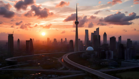 A breathtaking photography-style image showcasing a vibrant city skyline at sunset. The CN Tower stands tall among modern skyscrapers, with a glowing sun casting warm hues across the clouds and buildings. A network of curved highways weaves through the cityscape, blending urban infrastructure with nature's golden hour, creating a scene of harmony and beauty. Ai generated image.