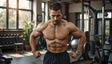A muscular man stands in a gym, posing to showcase his well-defined chest and abdominal muscles. He wears black shorts and a watch on his left wrist. The gym setting includes natural light streaming through large windows, with visible equipment like weights, a stool, and plants in the background, creating a balanced, clean atmosphere. Ai generated. Photography style.