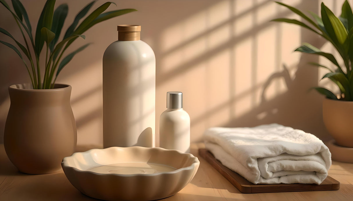The image shows a simple arrangement of bathroom essentials on a wooden surface. A beige vase holds lush green leaves, next to a fluted cream dish. Two bottles, one tall with a golden cap and one smaller with a silver cap, are positioned nearby. Folded white towels rest neatly on a wooden tray. Soft shadows from windowpanes enhance the earthy tones and minimalist design. Ai generated. Photography style.