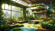 A vibrant indoor greenhouse filled with lush plants and greenery, illuminated by soft sunlight streaming through large glass windows and a slanted ceiling. Tiered shelves and hanging planters host diverse foliage and flowers. Mossy stones and a small water feature create a tranquil ambiance, blending natural and architectural elements harmoniously. Ai generated. Digital art style.