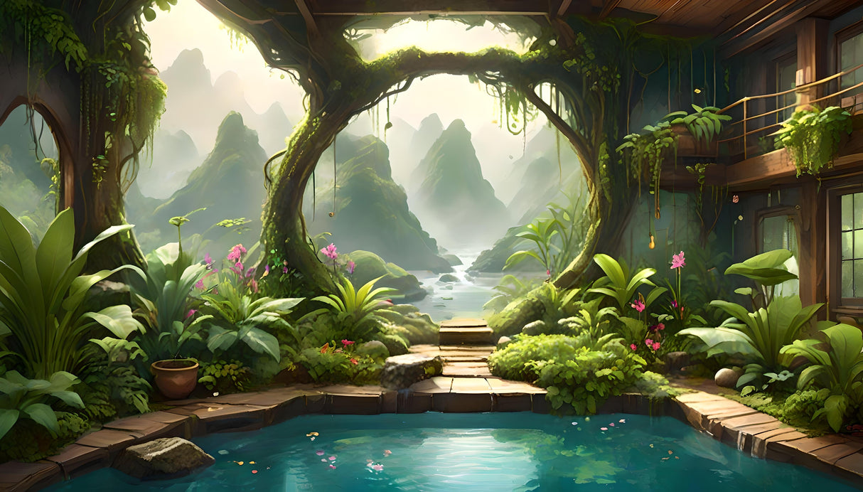 A lush greenhouse features a circular window framing misty mountain peaks. Vines and greenery cascade around the frame, blending with vibrant plants, including pink and purple flowers. A serene stone path encircles a clear, reflective pool, bordered by ferns and tropical leaves. Sunlight filters through, illuminating the verdant foliage and creating a tranquil atmosphere. Ai generated. Digital art style.