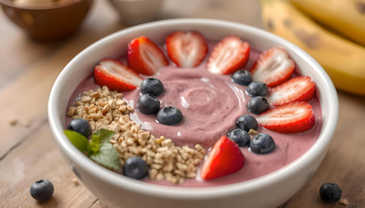 A white bowl filled with creamy pink smoothie is topped with neatly arranged slices of strawberries, plump blueberries, and crunchy granola clusters. A sprig of fresh green basil adds a pop of color, while bananas and additional berries are scattered in the blurred background on a wooden table, creating a wholesome and appetizing scene. Ai generated. Photography style.