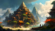 A grand multi-tiered temple rises against a backdrop of steep, green-covered mountains. The golden rooftops glisten in the sunlight, surrounded by lush vegetation. A red tree adds vibrant contrast in the foreground. A serene turquoise river flows beside the temple, reflecting its structure. Clouds and birds dot the bright blue sky, adding depth and tranquility. Ai generated. Dgital art style.