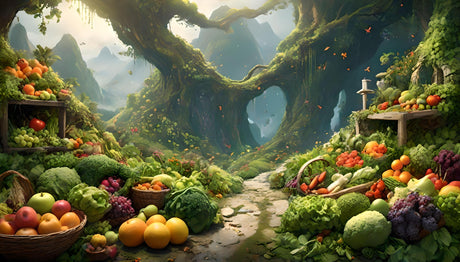 A vibrant garden overflowing with fresh fruits and vegetables, including apples, oranges, carrots, and broccoli, displayed in baskets and on shelves. Large, ancient trees with moss-covered trunks frame a stone path. Sunlight filters through the leaves, creating a serene setting. The background features rolling green hills and a heart-shaped opening in the trees, adding to the natural beauty. Ai generated. Digital art style.