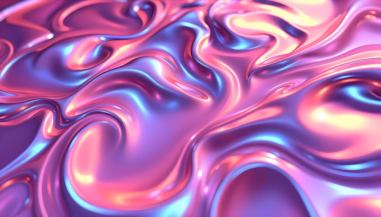 Digital image featuring a smooth, flowing surface with an iridescent texture in shades of pink, purple, and blue. The glossy, liquid-like material forms organic curves and waves, reflecting soft highlights. The interplay of colors creates depth, with metallic reflections enhancing the three-dimensional appearance. The composition is balanced, with the fluid patterns evenly distributed across the frame. Ai generated. Photography style.