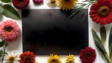 Customizable flat lay with black paper and colorful flowers Ai Generated Image