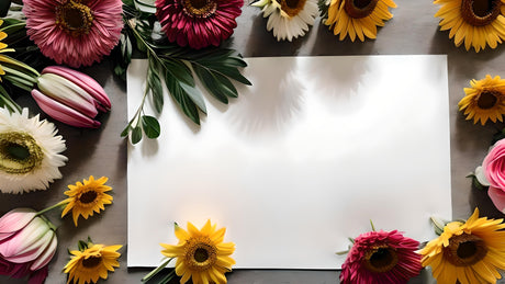 Flat lay with white paper and colorful flowers Ai Generated Image