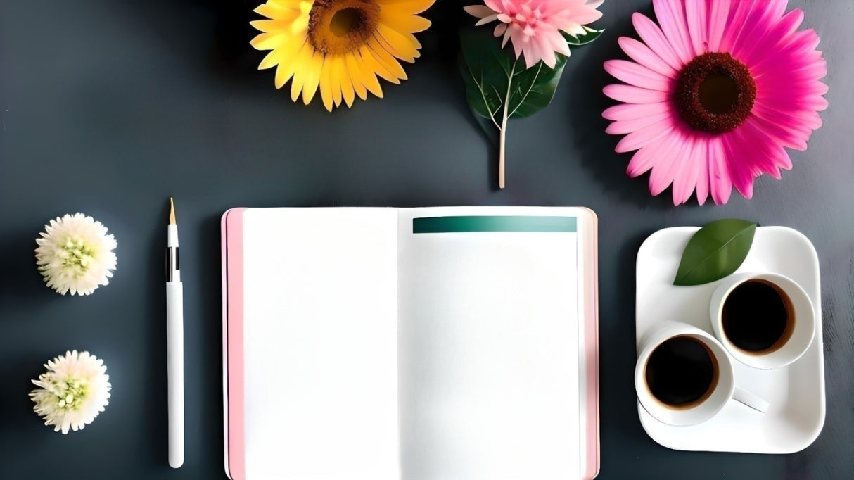 Flat lay image of an open notebook with a pink edge and a green header on a dark surface. To the left, two small white flowers and a white pen with a gold tip are neatly arranged. Above the notebook, yellow, pink, and bright pink daisy-like flowers add color. On the right, two white cups filled with black coffee rest on a white tray with a green leaf. The composition is clean and organized, with balanced elements. Ai generated. Photography style.