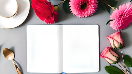 An open white notebook lies in the center on a smooth gray surface, surrounded by pink and red flowers, including roses and gerbera daisies. To the left, a gold-rimmed white teacup and saucer rest beside a golden spoon. Green leaves peek through the flowers, adding contrast. The petals have a soft texture, and the scene is arranged in a balanced composition with a clean, minimalistic style. Ai generated. Photography style.