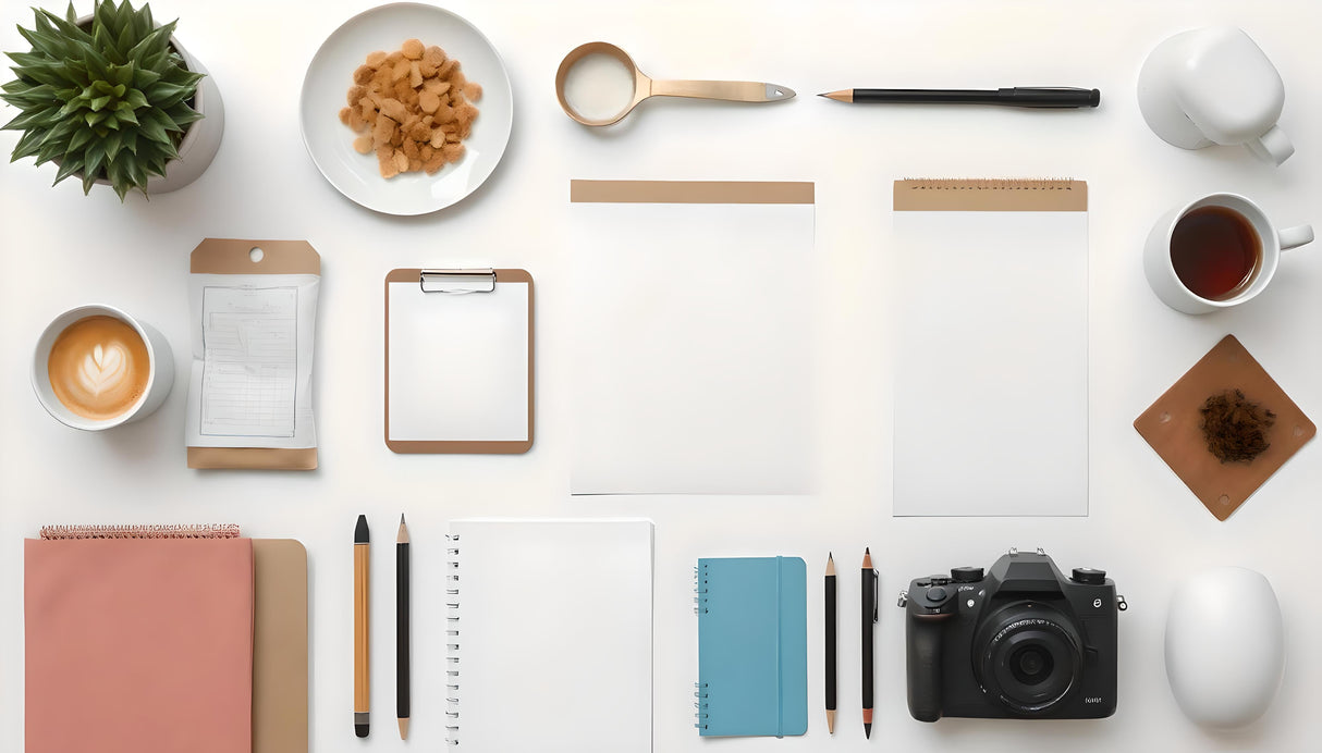 A neatly arranged flat lay of office and creative supplies on a white surface. A black camera sits in the lower right corner, next to a blue notebook and black pencils. In the upper left, a cup of cappuccino with latte art rests beside a green potted plant. A white clipboard, blank papers, and a black pen are centered. To the right, a white teacup, saucer, and loose tea leaves complete the scene. Ai generated. Photography style.