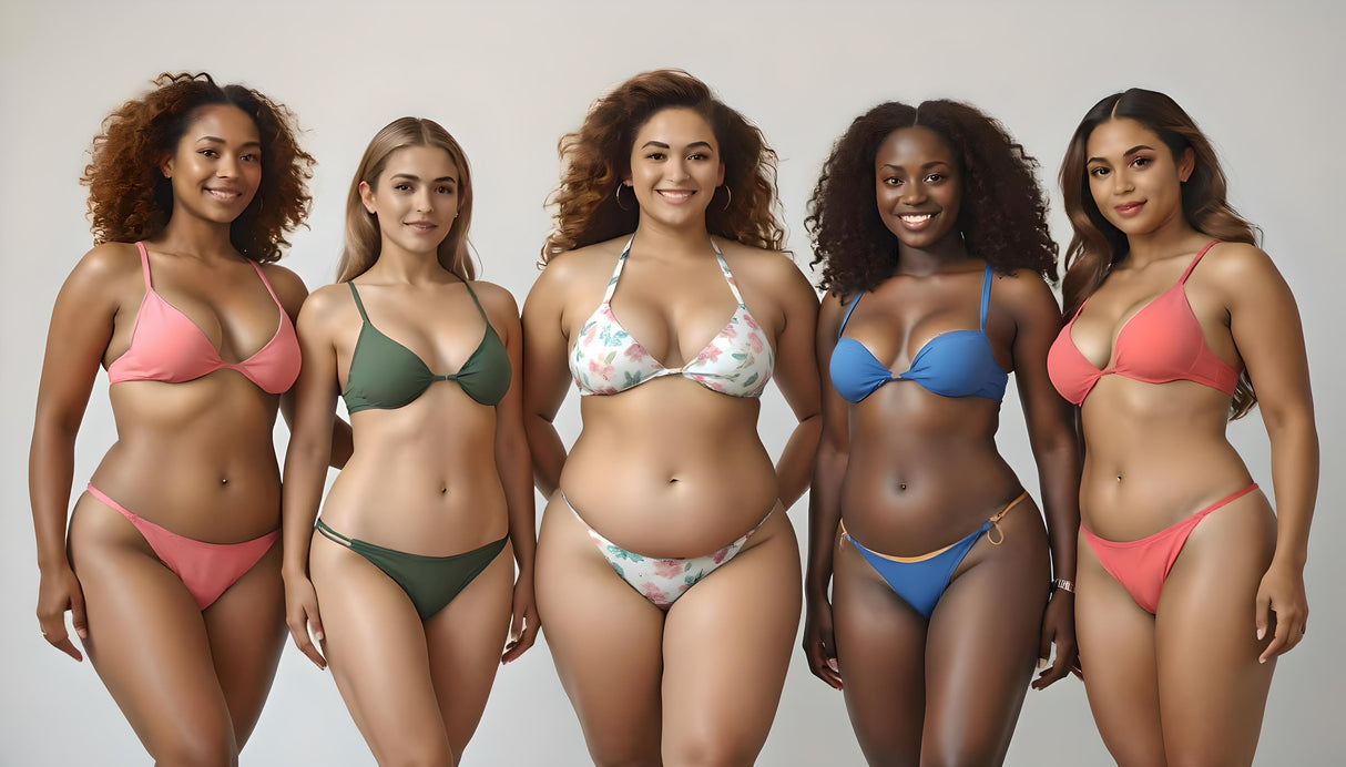 Five women stand confidently, each wearing vibrant bikinis in shades of pink, green, floral, blue, and coral. Their diverse skin tones and hairstyles, ranging from natural curls to sleek waves, highlight their individuality. Smiling expressions radiate confidence, while the neutral background draws focus to the vivid swimwear and their natural beauty. Ai generated. Photography style.