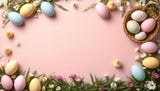 A soft pink background is framed with pastel-colored eggs, green leaves, and delicate daisies. A wicker basket holds more eggs in soft tones of pink, blue, and green. Yellow chicks are scattered throughout, adding charm and playfulness to the design. The combination of light colors and floral elements creates a calm and cheerful springtime feel. Ai generated. Flat lay photography style.