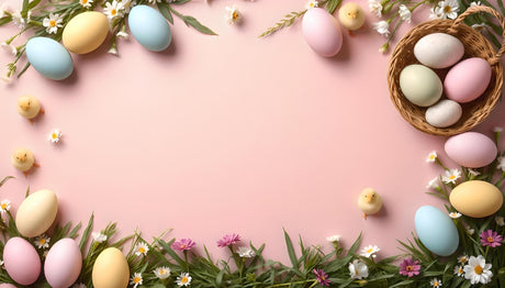A soft pink background is framed with pastel-colored eggs, green leaves, and delicate daisies. A wicker basket holds more eggs in soft tones of pink, blue, and green. Yellow chicks are scattered throughout, adding charm and playfulness to the design. The combination of light colors and floral elements creates a calm and cheerful springtime feel. Ai generated. Flat lay photography style.