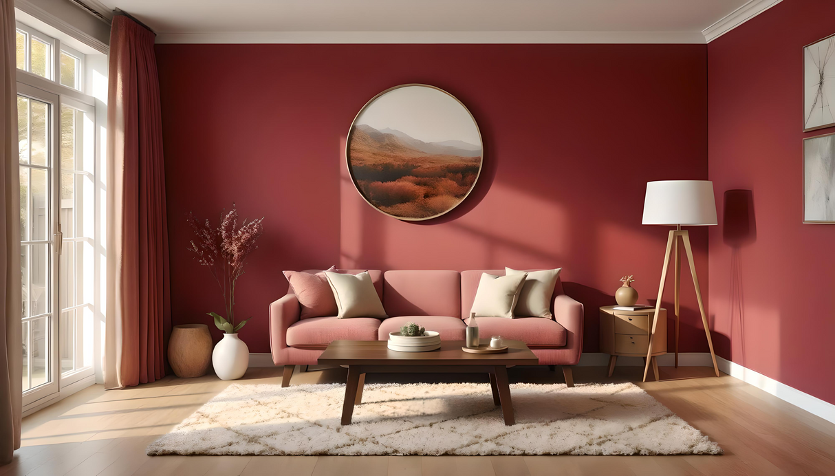 A cozy living room with a deep red wall serves as the backdrop for a light pink sofa adorned with cream and pink pillows. A circular wall art piece depicting a serene landscape is the focal point. A soft rug underlines a wooden coffee table. To the left, long curtains frame a glass door. Elegant vases and a sleek floor lamp add charm to this warm, inviting space. Ai generated. Photography style.