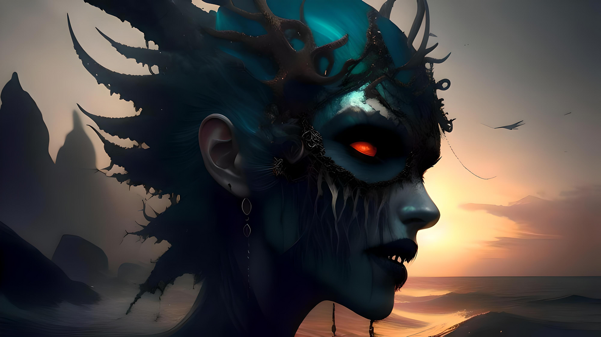 A striking profile of a mysterious figure with glowing red eyes and sharp features. Her head is adorned with horn-like structures and organic elements, blending with her blue-hued skin. Delicate earrings dangle from her ear. The background features a golden sunset over a calm sea, with silhouettes of distant birds and rocks enhancing the ethereal atmosphere. Ai generated. Cinematic style.